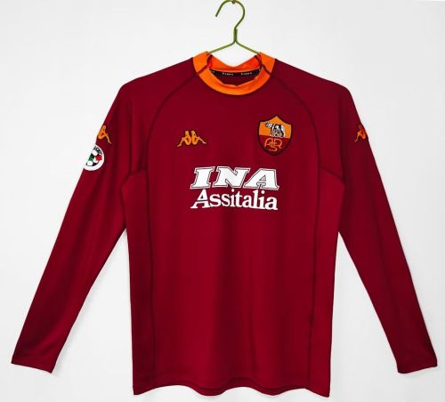 with Serie A Patch Retro Jersey Long Sleeve 2000-2001 As Roma Home Soccer Jersey Vintage Football Shirt