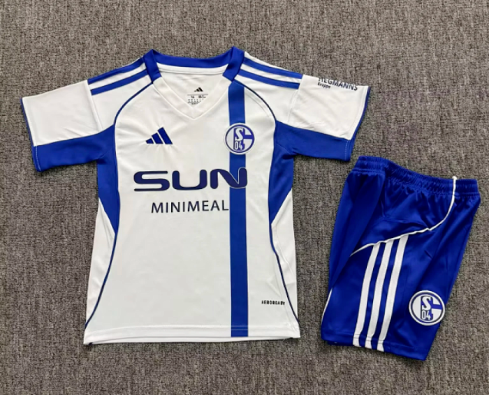 Youth Uniform Kids Kit 2025-2026 Schalke 04 Away White Soccer Jersey Shorts Child Football Set