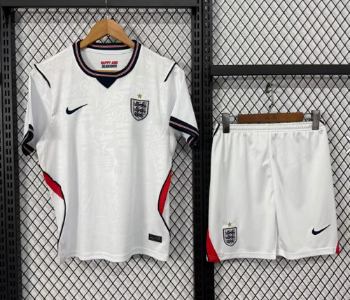with White Shorts Youth Uniform Kids Kit England 2026 Home Soccer Jersey Shorts Child Football Set