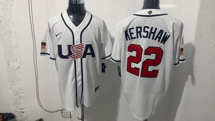 World Baseball Classic Jersey USA KERSHAW 22 White Baseball Jersey United States WBC MLB Shirt