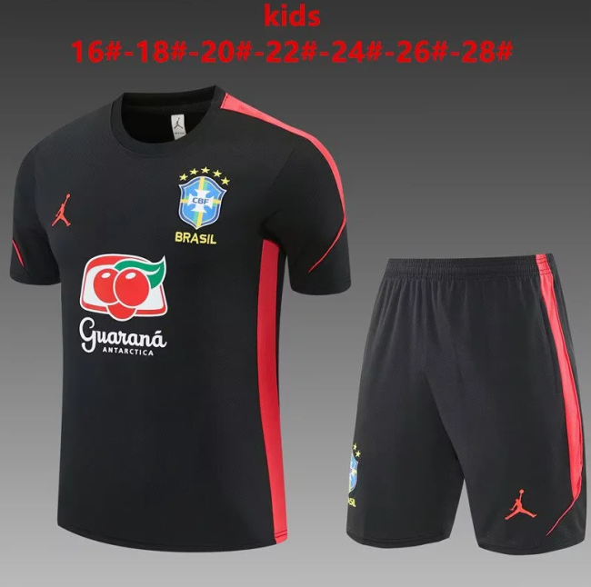 Youth Uniform Kids Kit 2026 Brazil Black Soccer Training Jersey Shorts  Child Football Set