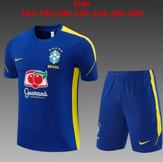 Youth Uniform Kids Kit 2026 Brazil Blue Soccer Training Jersey Shorts  Child Football Set