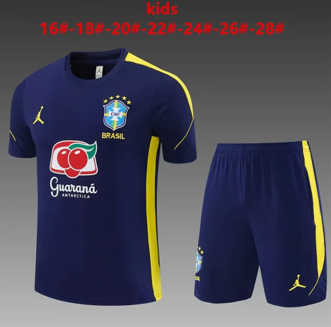 Youth Uniform Kids Kit 2026 Brazil Dark Blue Soccer Training Jersey Shorts  Child Football Set