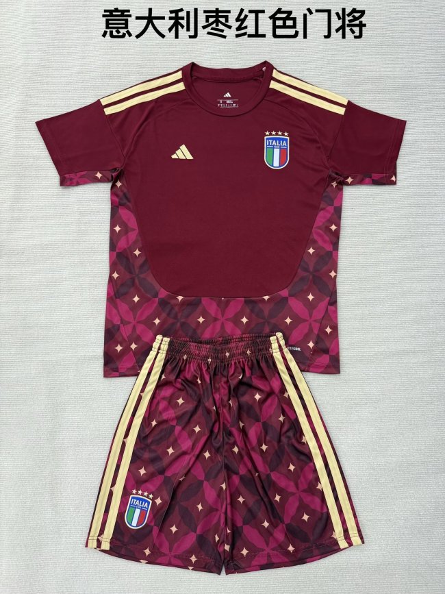 Youth Uniform Kids Kit 2026 Italy Red Goalkeeper Soccer Jersey Shorts Child Football Set
