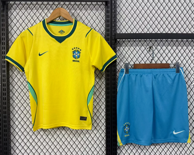 with Light Blue Youth Uniform Kids Kit 2026 Brazil Home Soccer Jersey Shorts Child Football Set