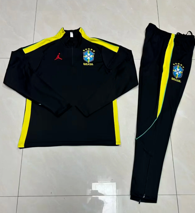 2026 Brazil Black/Yellow Soccer Training Sweater and Pants Football Kit