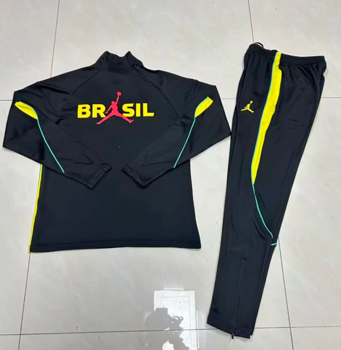 2026 Brazil Black/Yellow Soccer Training Sweater and Pants Football Kit