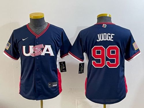 Youth 2026 World Baseball Classic Jersey Kids USA JUDGE 99 Dark Blue Baseball Jersey Child United States WBC MLB Shirt