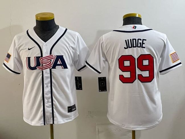 Youth 2026 World Baseball Classic Jersey Kids USA JUDGE 99 White Baseball Jersey Child United States WBC MLB Shirt