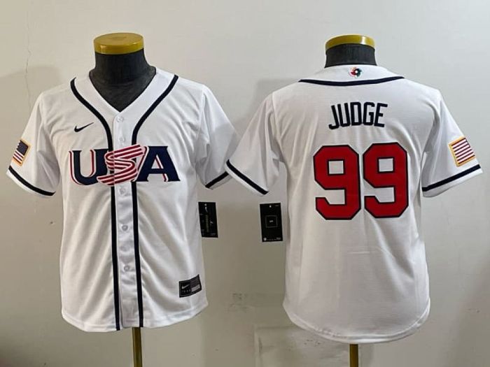 Youth 2026 World Baseball Classic Jersey Kids USA JUDGE 99 White Baseball Jersey Child United States WBC MLB Shirt