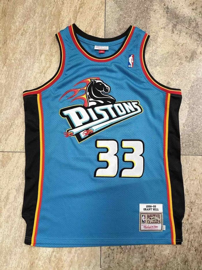 Mitchell&ness 1998-99 Detroit Pistons 33 HILL Blue NBA Jersey Basketball Shirt