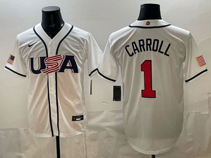 World Baseball Classic Jersey USA CARROLL 1 White Baseball Jersey United States WBC MLB Shirt