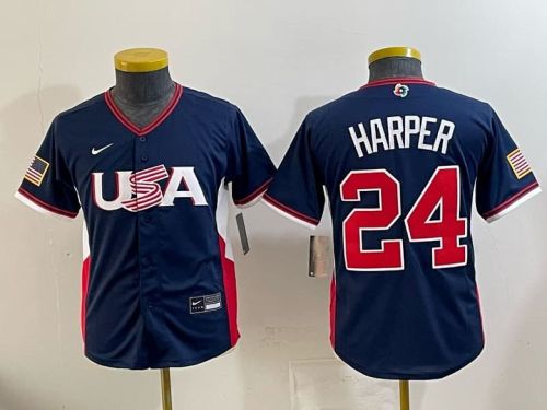 Youth 2026 World Baseball Classic Jersey Kids USA 24 HARPER Dark Blue Baseball Jersey Child United States WBC MLB Shirt