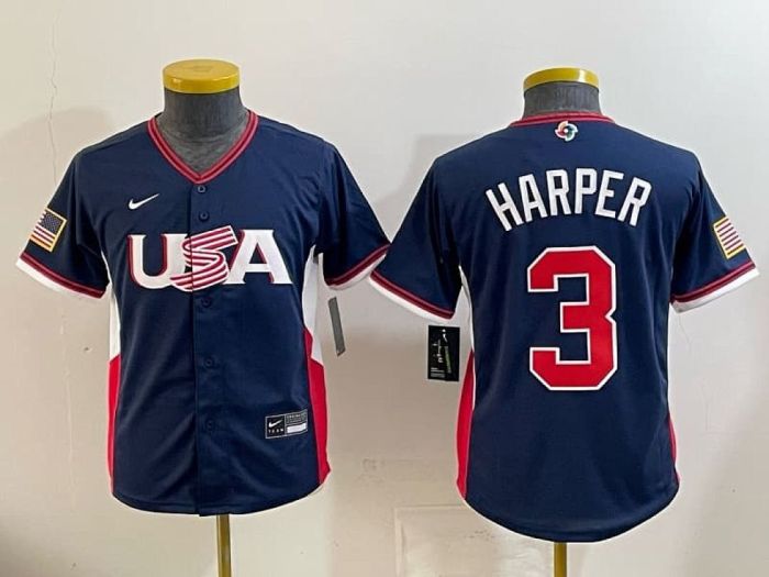 Youth 2026 World Baseball Classic Jersey Kids USA HARPER 3 Dark Blue Baseball Jersey Child United States WBC MLB Shirt