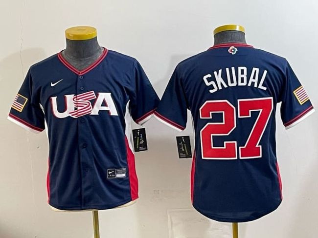 Youth 2026 World Baseball Classic Jersey Kids USA SKUBAL 27 Dark Blue Baseball Jersey Child United States WBC MLB Shirt