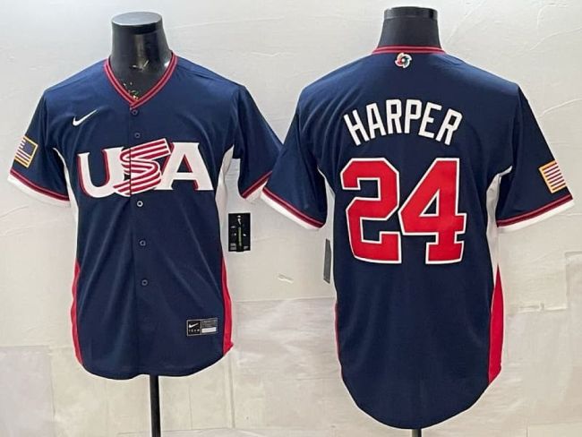 2026 World Baseball Classic Jersey USA HARPER 24 Dark Blue Baseball Jersey United States WBC MLB Shirt