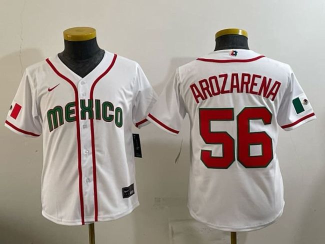 Youth 2026 World Baseball Classic Jersey Kids Mexico AROZARENA 56 White Baseball Jersey Child WBC MLB Shirt