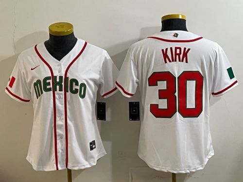 Women 2026 World Baseball Classic Jersey Woman Mexico KIRK 30 White Baseball Jersey Lady WBC MLB Shirt