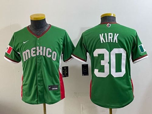 Youth 2026 World Baseball Classic Jersey Kids Mexico KIRK 30 Green Baseball Jersey Child WBC MLB Shirt