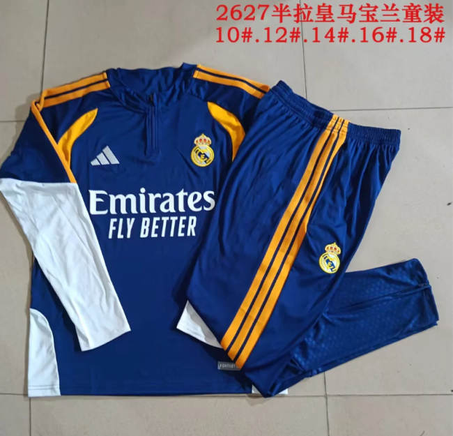 Youth 2026-2027 Real Madrid Blue Soccer Training Sweater and Pants Child Football Kit
