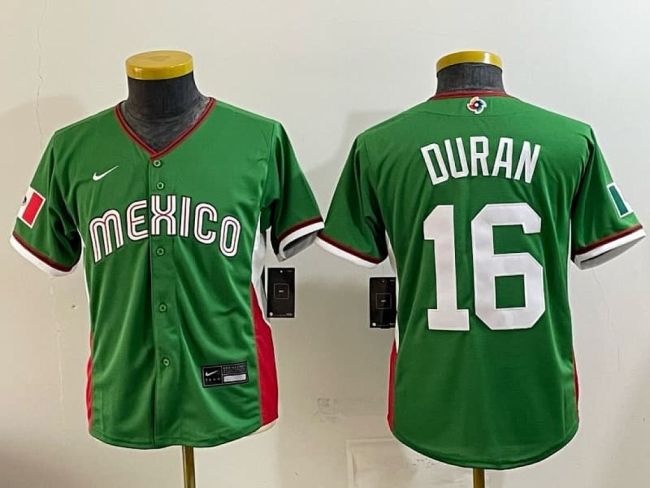 Youth 2026 World Baseball Classic Jersey Kids Mexico DURAN 16 Green Baseball Jersey Child WBC MLB Shirt