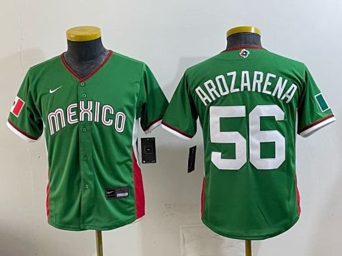 Youth 2026 World Baseball Classic Jersey Kids Mexico AROZARENA 56 Green Baseball Jersey Child WBC MLB Shirt