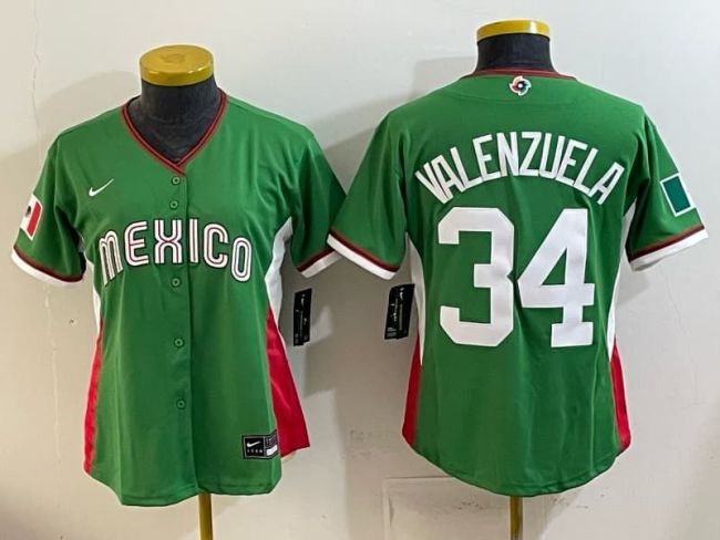 Women 2026 World Baseball Classic Jersey Woman Mexico VALENZUELA 34 Green Baseball Jersey Lady WBC MLB Shirt