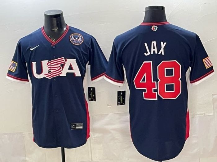 with Front Patch 2026 World Baseball Classic Jersey USA JAX 48 Dark Blue Baseball Jersey United States WBC MLB Shirt