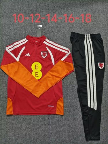 Youth 2026 Wales Red/Orange Soccer Training Sweater and Pants Child Football Kit