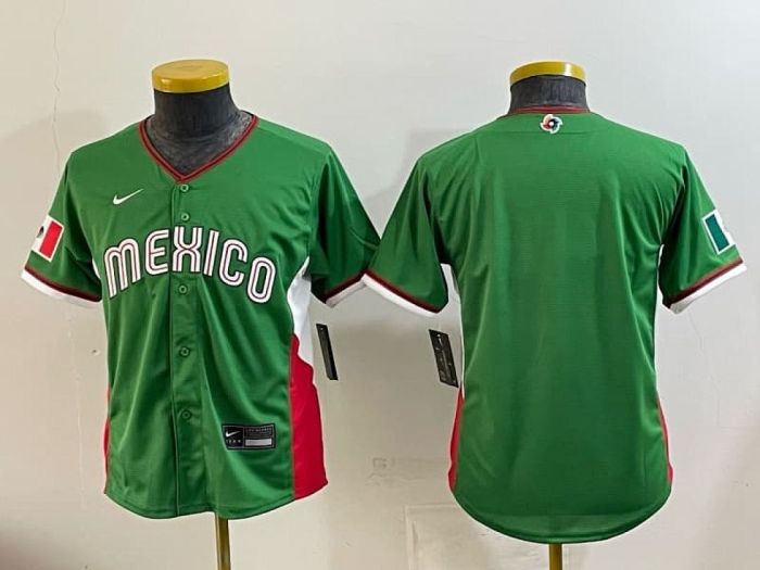 Youth 2026 World Baseball Classic Jersey Kids Mexico Green Baseball Jersey Child WBC MLB Shirt