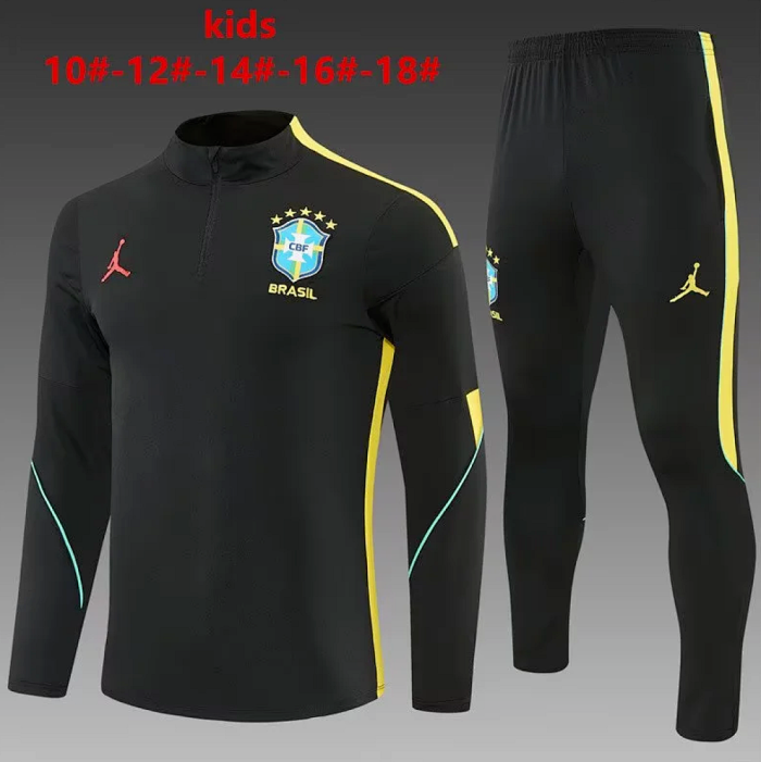 Youth 2026-2027 Brazil Black/Yellow Soccer Training Sweater and Pants Brasil Child Football Kit