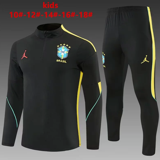 Youth 2026-2027 Brazil Black/Yellow Soccer Training Sweater and Pants Brasil Child Football Kit