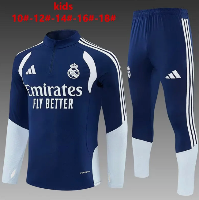 Youth 2026-2027 Real Madrid Dark Blue Soccer Training Sweater and Pants Child Football Kit