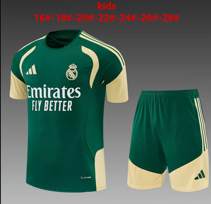 Youth Uniform Kids Kit 2026-2027 Real Madrid Green/Gold Soccer Training Jersey Shorts Child Football Set