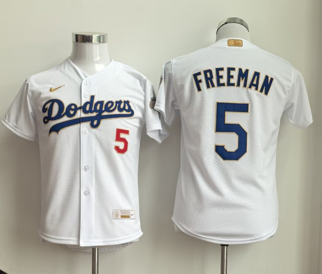Youth Kids Los Angeles Dodgers 5 FREEMAN White Champions MLB Jersey Child Baseball Shirt