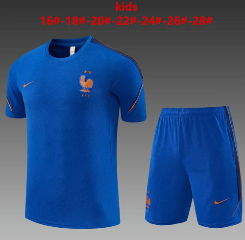Youth Uniform Kids Kit 2026-2027 France Blue Soccer Training Jersey Shorts Child Football Set