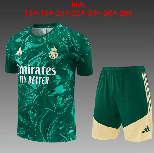 Youth Uniform Kids Kit 2026-2027 Real Madrid Green Soccer Training Jersey Shorts Child Football Set