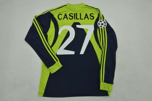 Long Sleeve Retro with UCL Patch Jersey 1999-2000 Real Madrid CASILLAS 27 Black/Green Goalkeeper Soccer Jersey Vintage Football Shirt