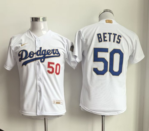 Youth Kids Los Angeles Dodgers 50 BETTS White Champions MLB Jersey Child Baseball Shirt