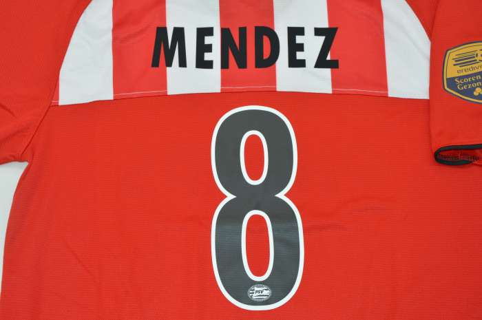 with Eredivise Patch Retro Jersey 2009-2010 PSV Eindhoven MENDEZ 8 Home Soccer Jersey Vintage Football Shirt