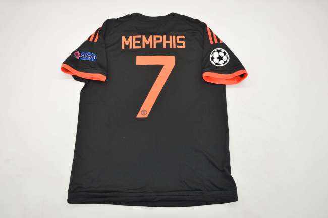 with UCL Patch Retro Jersey 2015-2016 Manchester United MEMPHIS 7 Third Away Black Soccer Jersey Vintage Football Shirt