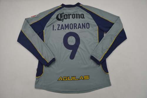 with FMF Patch Long Sleeve Retro Jersey 2001-2002 Club America Aguilas I.ZAMORANO 9 Third Away Grey Soccer Jersey Vintage Football Shirt