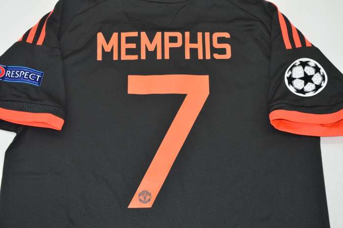 with UCL Patch Retro Jersey 2015-2016 Manchester United MEMPHIS 7 Third Away Black Soccer Jersey Vintage Football Shirt