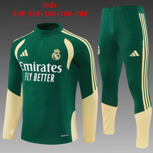 Youth 2026-2027 Real Madrid Green/Gold Soccer Training Sweater and Pants Child Football Kit