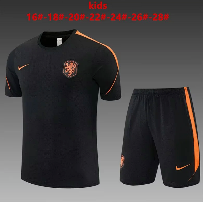 Youth Uniform Kids Kit 2026-2027 Netherlands Black/Orange Soccer Training Jersey Shorts Child Football Set