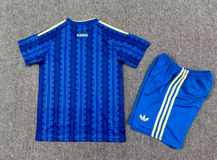 Youth Uniform Kids Kit 2026 Sweden Away Blue Soccer Jersey Shorts Child Football Set