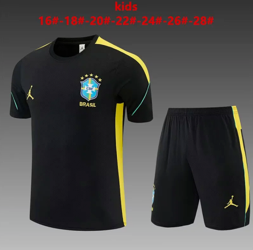 Youth Uniform Kids Kit 2026-2027 Brazil Black/Yellow Soccer Training Jersey Shorts Child Brasil Football Set