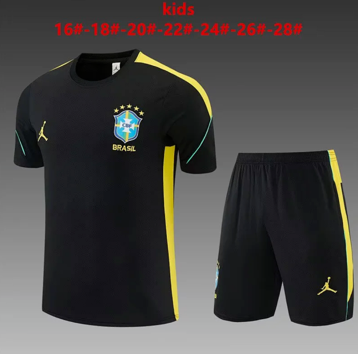 Youth Uniform Kids Kit 2026-2027 Brazil Black/Yellow Soccer Training Jersey Shorts Child Brasil Football Set