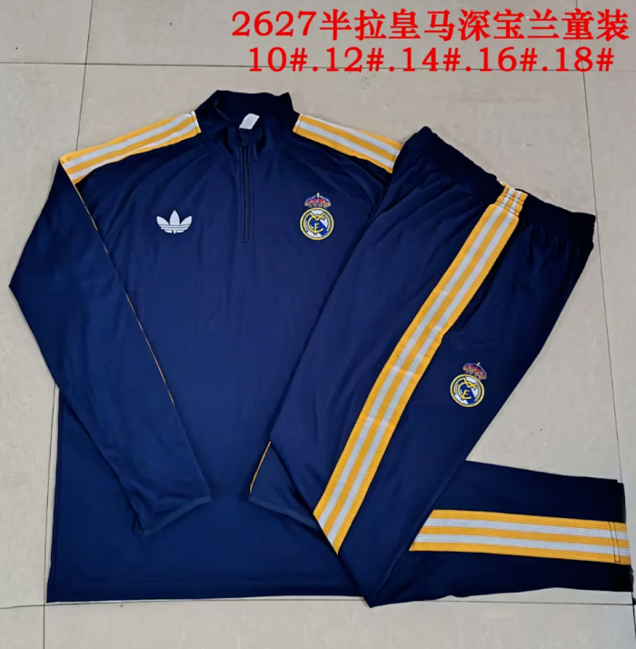 Youth 2026-2027 Real Madrid Dark Blue Soccer Training Sweater and Pants Child Football Kit