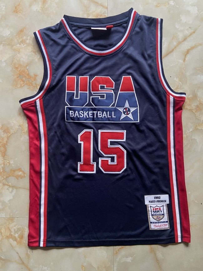 Mitchell&ness 1992 USA JOHNSON 15 Dark Blue NBA Shirt United States Basketball Jersey
